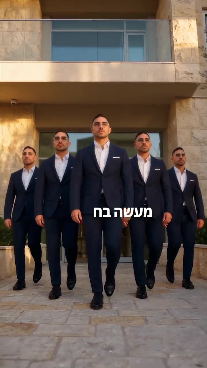 חמישה סוכנים בחליפות מול בניין